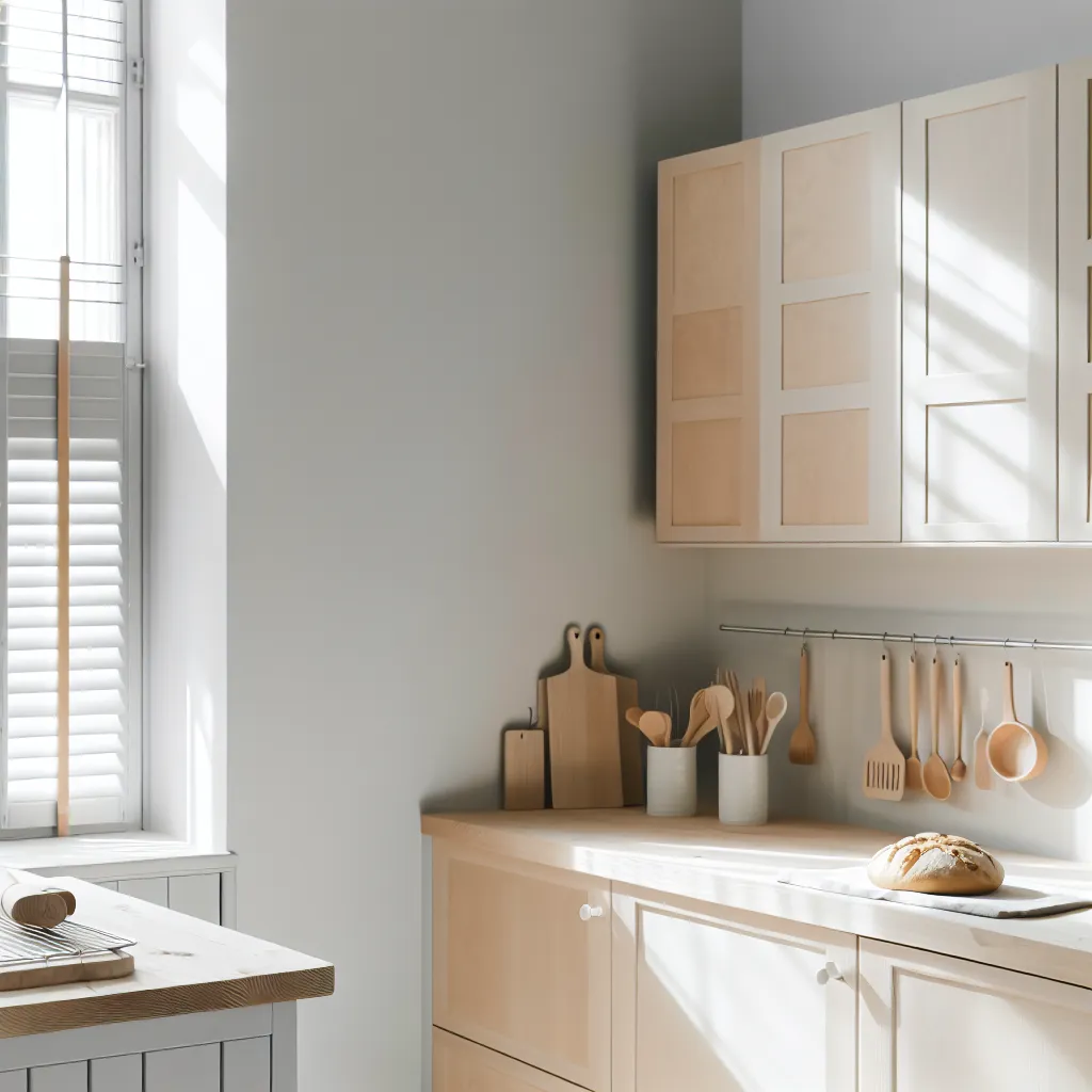 Organized Scandinavian baking kitchen with wooden countertops and natural light